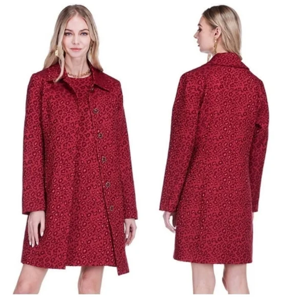Jade Red Collar Fitted Coat Cheetah Print Brocade Size XL - Picture 11 of 14